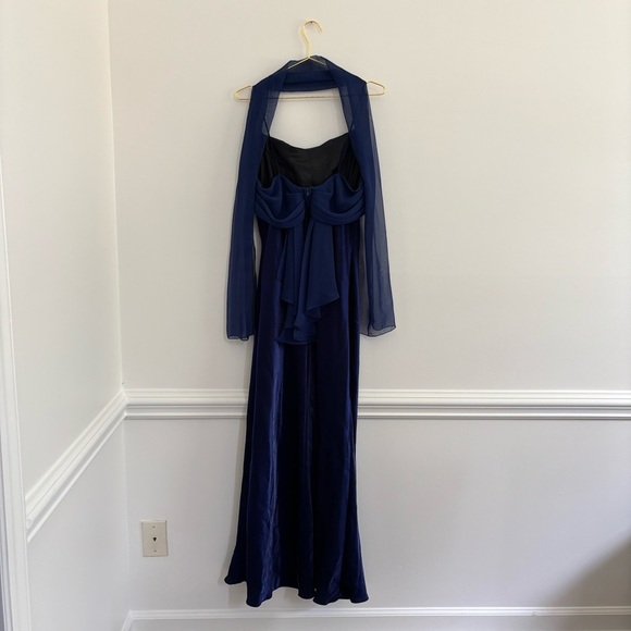 Blue Satin Maxi Dress With Scarf Sz XL Cobalt / Navy Vtg Y2K - Picture 4 of 5